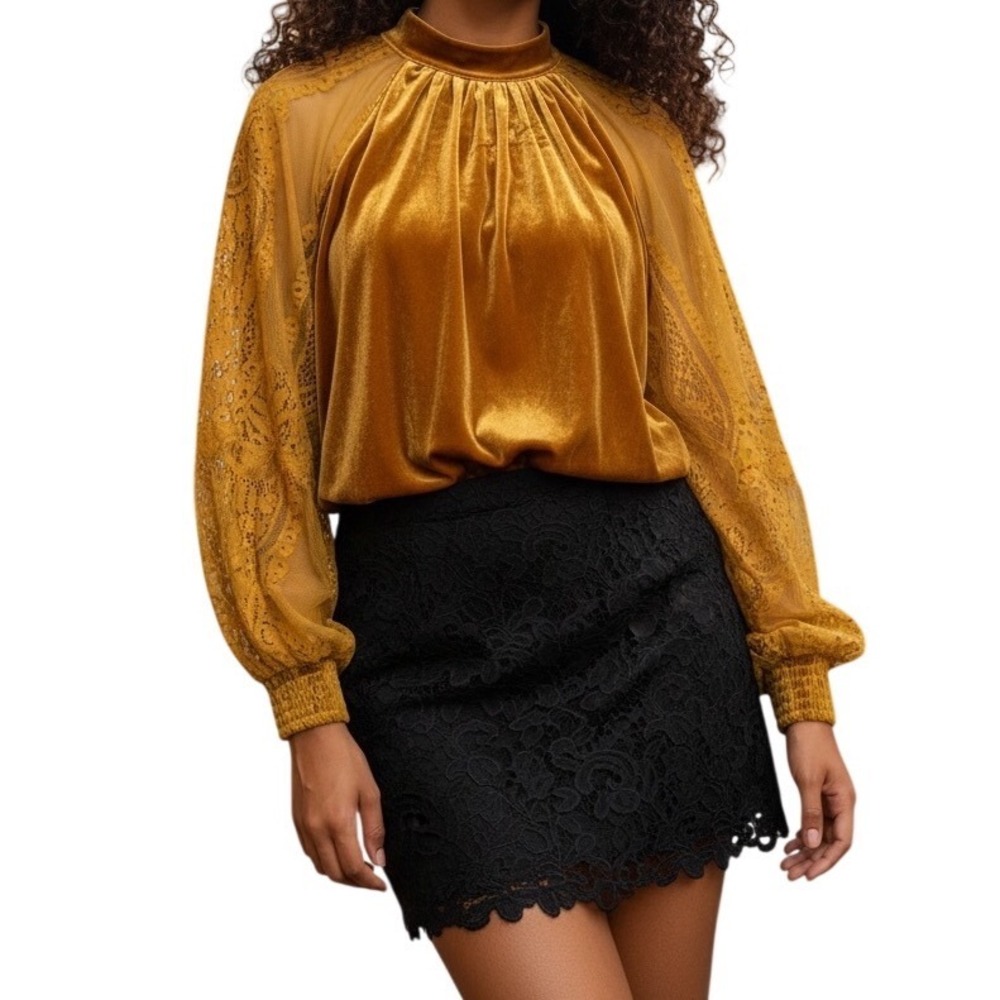 FREE PEOPLE  Dream Team Golden Mustard Crushed Velvet Intricate Lace Sleeves S